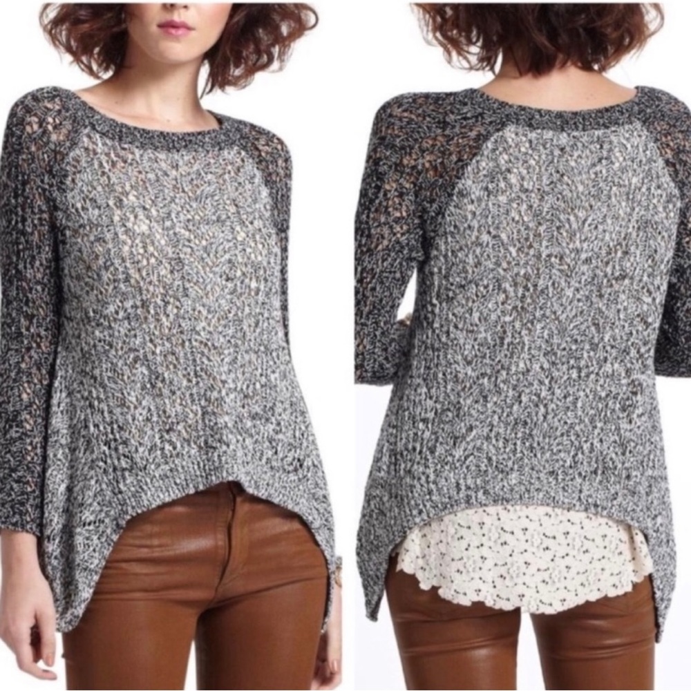 Anthropologie Crochet Lace High Low Mixed Media Black White Sweater Size MP
